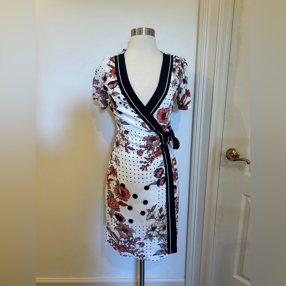 Maeve Anthropologie White Floral Wrap Dress with Black Trim